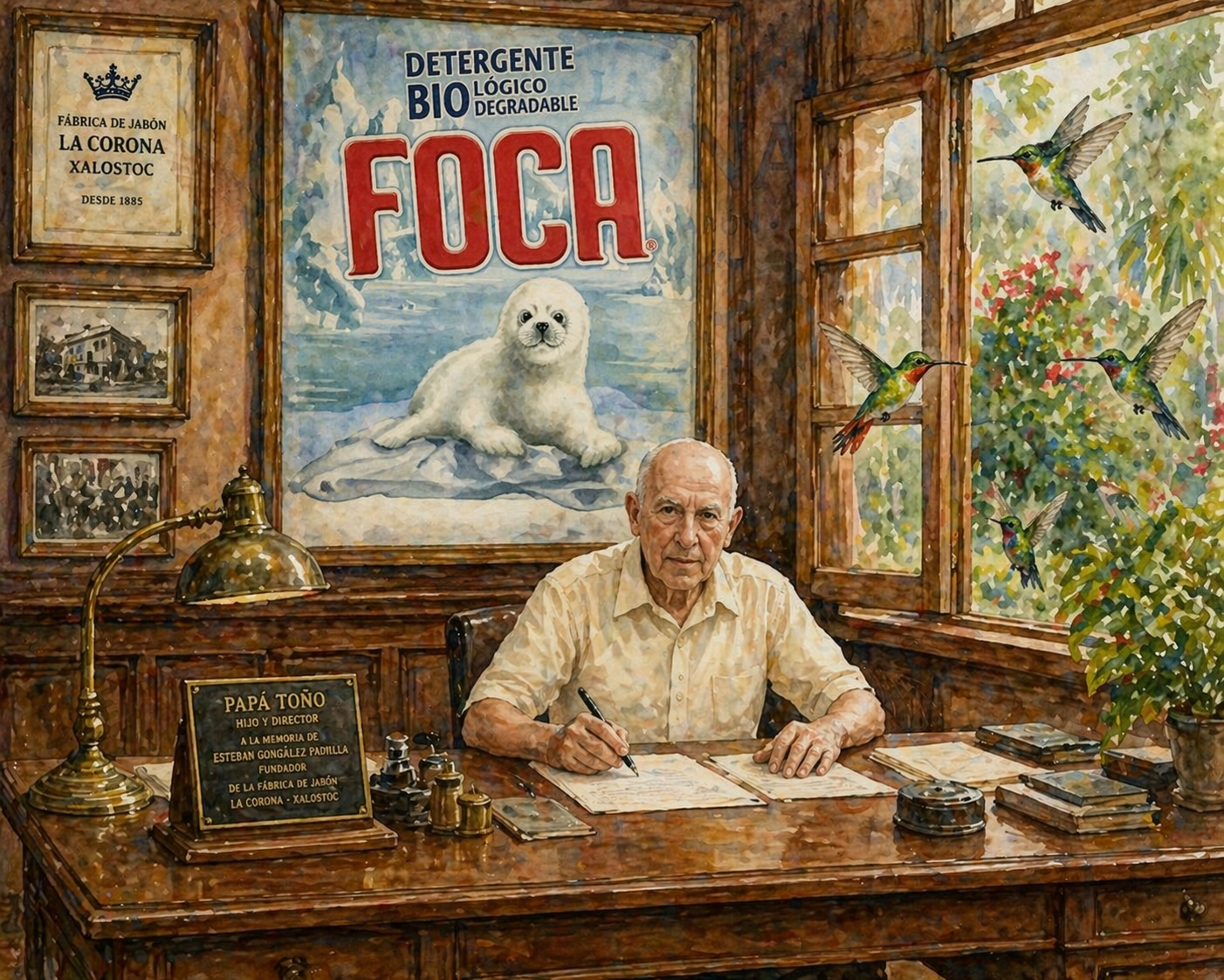 PAPÁ TOÑO
La creación del Jabón Foca
Narrado por Alexandra Ramírez
VIÑETA 1
(Interior de la oficina…