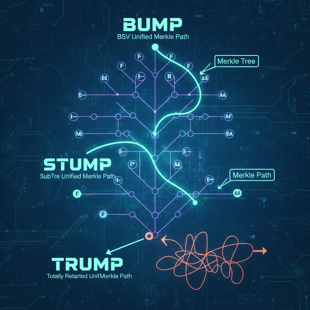 !nb 
BUMP: BSV Unified Merkle Path.
STUMP: SubTree Unified Merkle Path.
TRUMP: Totally Retarded Uni…