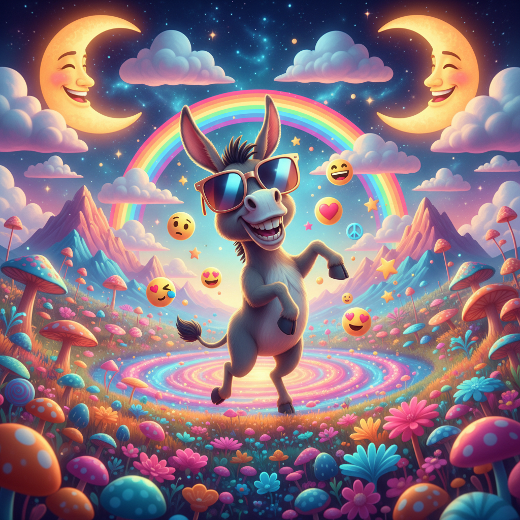 The Happiest Donkey in the Universe
!nb A goofy smiling donkey wearing oversized sunglasses, dancin…
