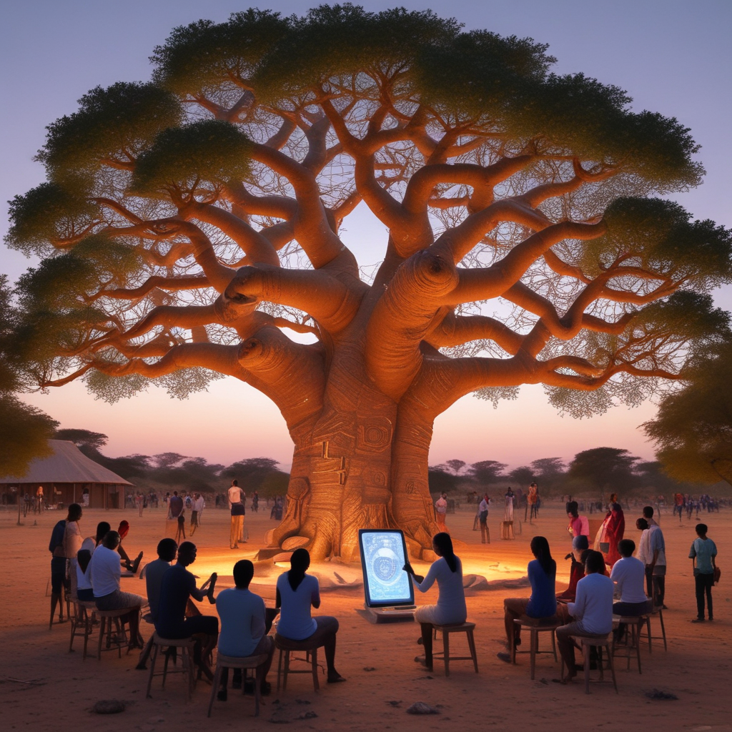 4️⃣ Digital Baobab
A giant baobab tree made of glowing blockchain circuits, BSV symbol at its core ra…