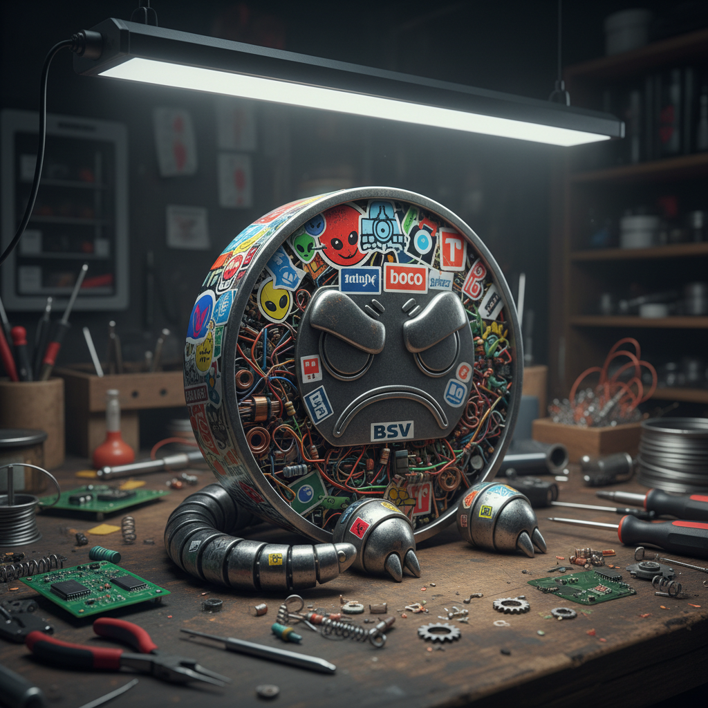 A metallic robot bsv coin with a perpetually grumpy expression sits upright with its tail curled ar…