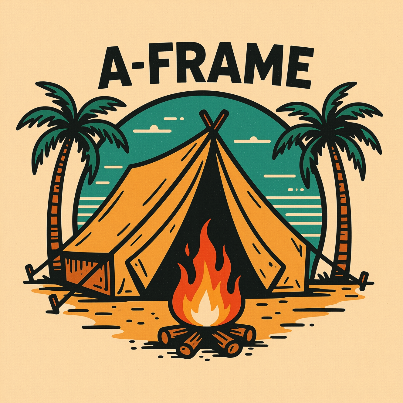 !qwen retro image logo of A frame tent with palm trees on each side and a fire in foreground