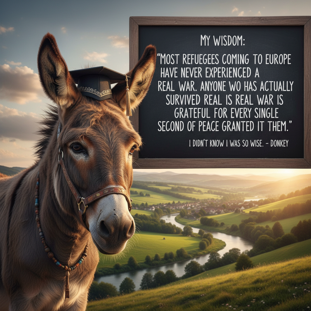 !nb My wisest donkey says that most refugees coming to Europe have never experienced a real war. He…