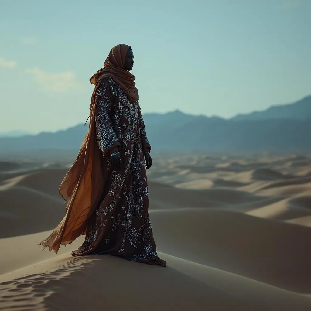 A Saharan nomad standing on a dune ridge, robes flowing like liquid sand, subtle glowing hash patte…