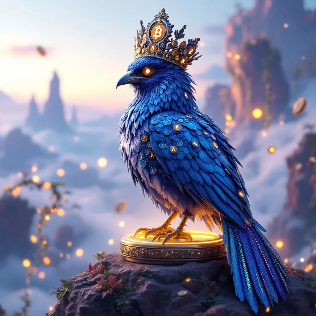 !flux11 A majestic 3D bird wearing a crown made of Bitcoin SV logos, with metallic blue feathers an…