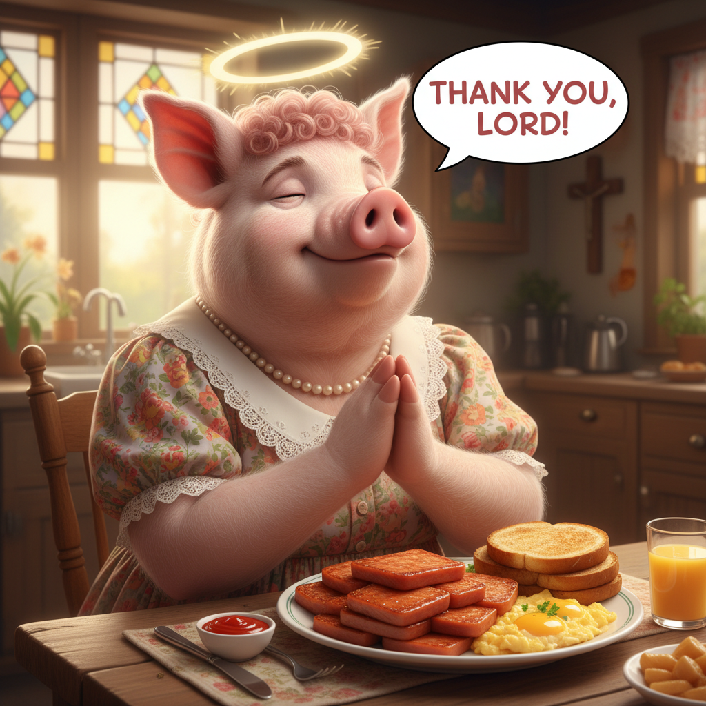 After worship, MissBig Pig eats a Spam brunch. Spam is her favorite food, so she thanks the Lord. !…