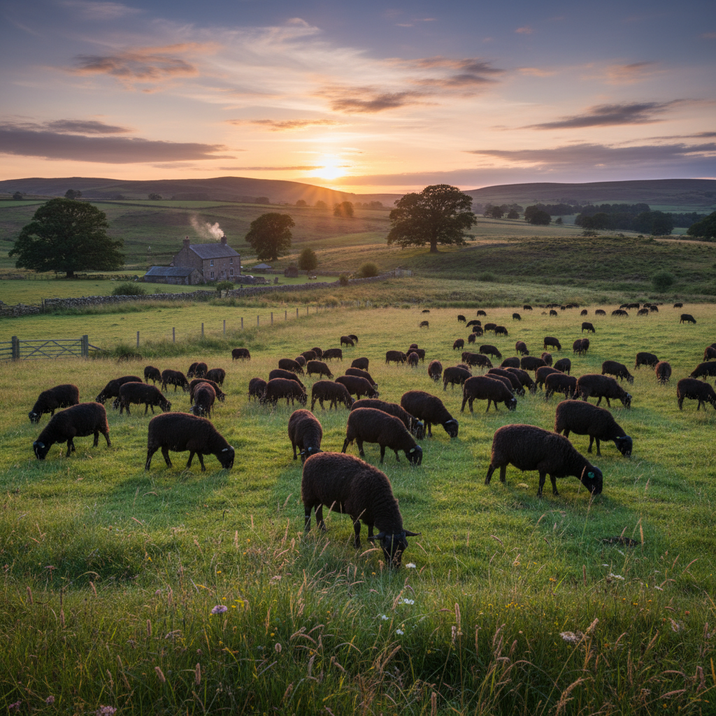 !nb Herd of black sheep in a field.