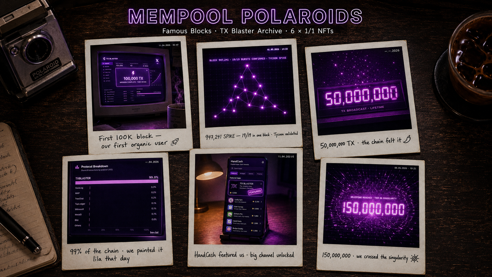 [[TXBLASTER]]
Mempool Polaroids — Famous Blocks 📸
6 vintage polaroids documenting the most conseque…