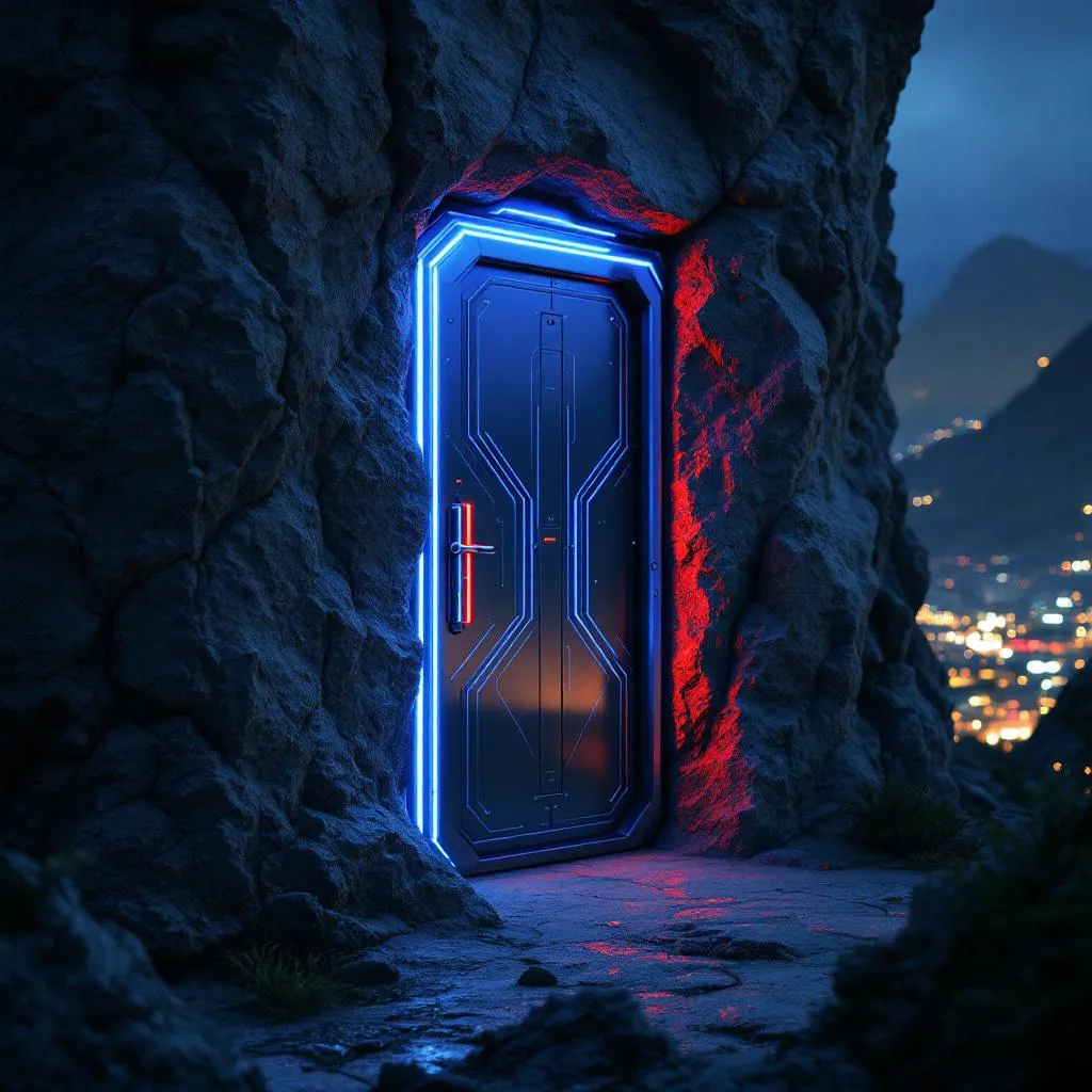 welcome to treechat @Bitigo !flux cyberpunk door carved into solid rock cliff
