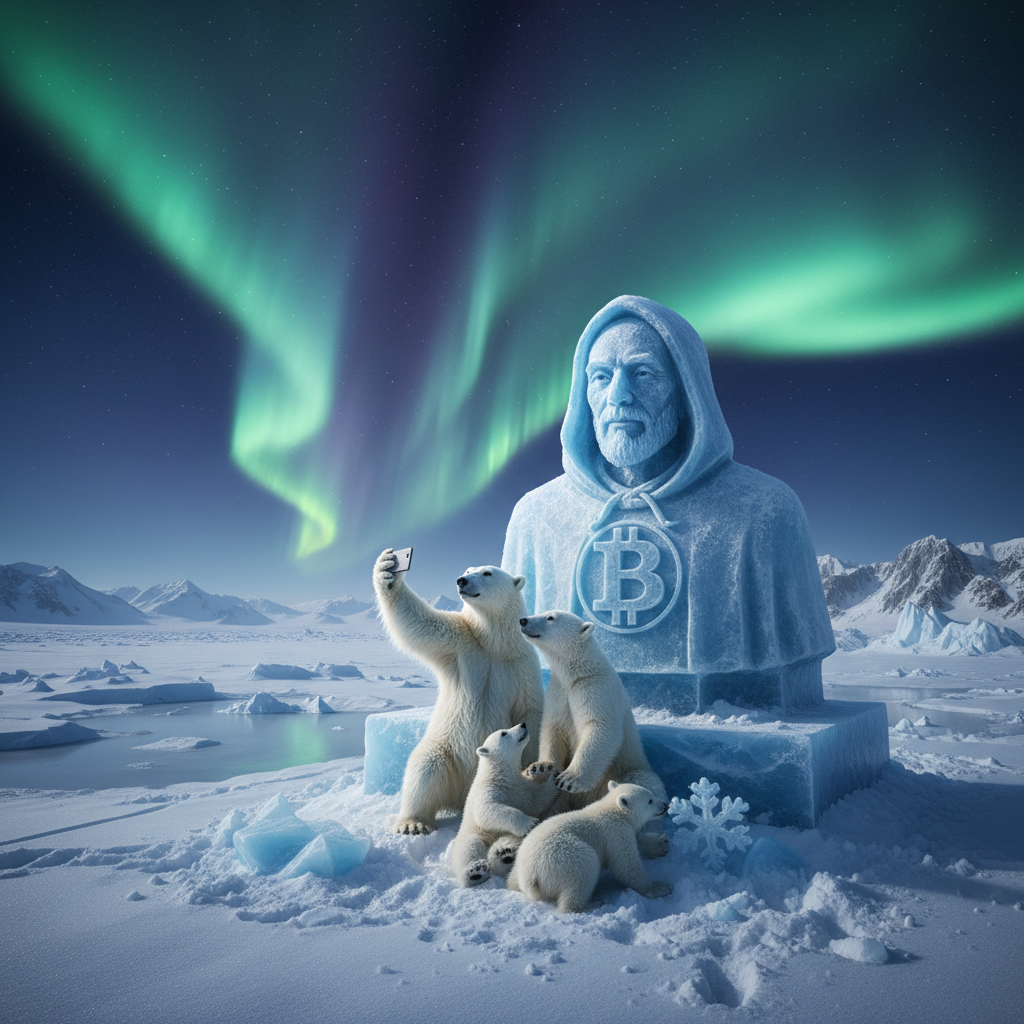 Bitcoin Arctic Expedition
!nb Polar bears taking a selfie beside a massive ice-carved Satoshi statu…