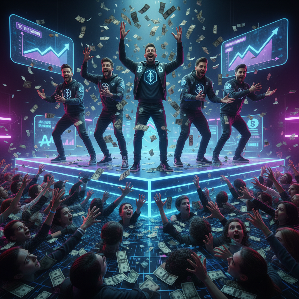 !nb Crypto influencers throwing fake money into the air while followers drown beneath them