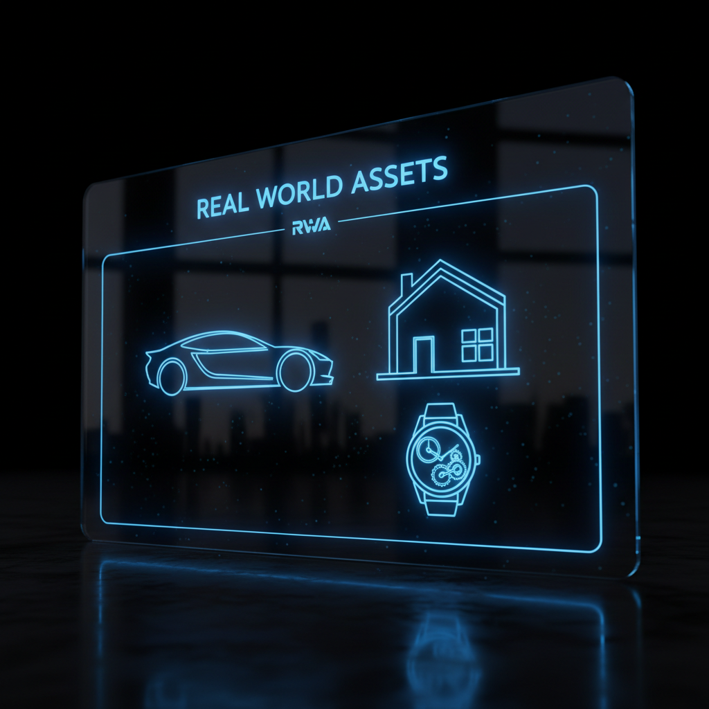 !nb A black, super futuristic futuristic icon display for Real World Assets. Hyper-realistic, super…