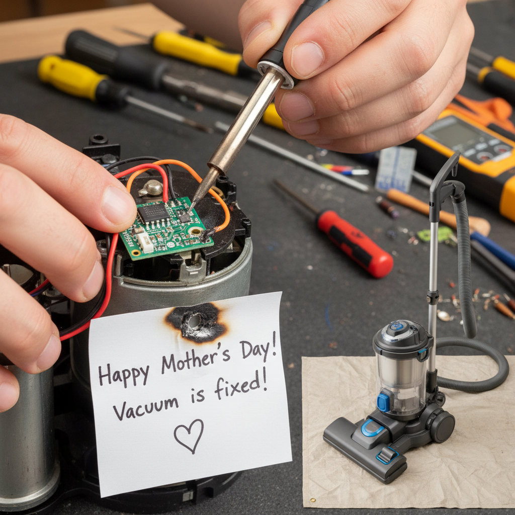 !nb For Mother's Day I... fixed the vacuum cleaner.

One pin of the triac, on the little PCB inside…