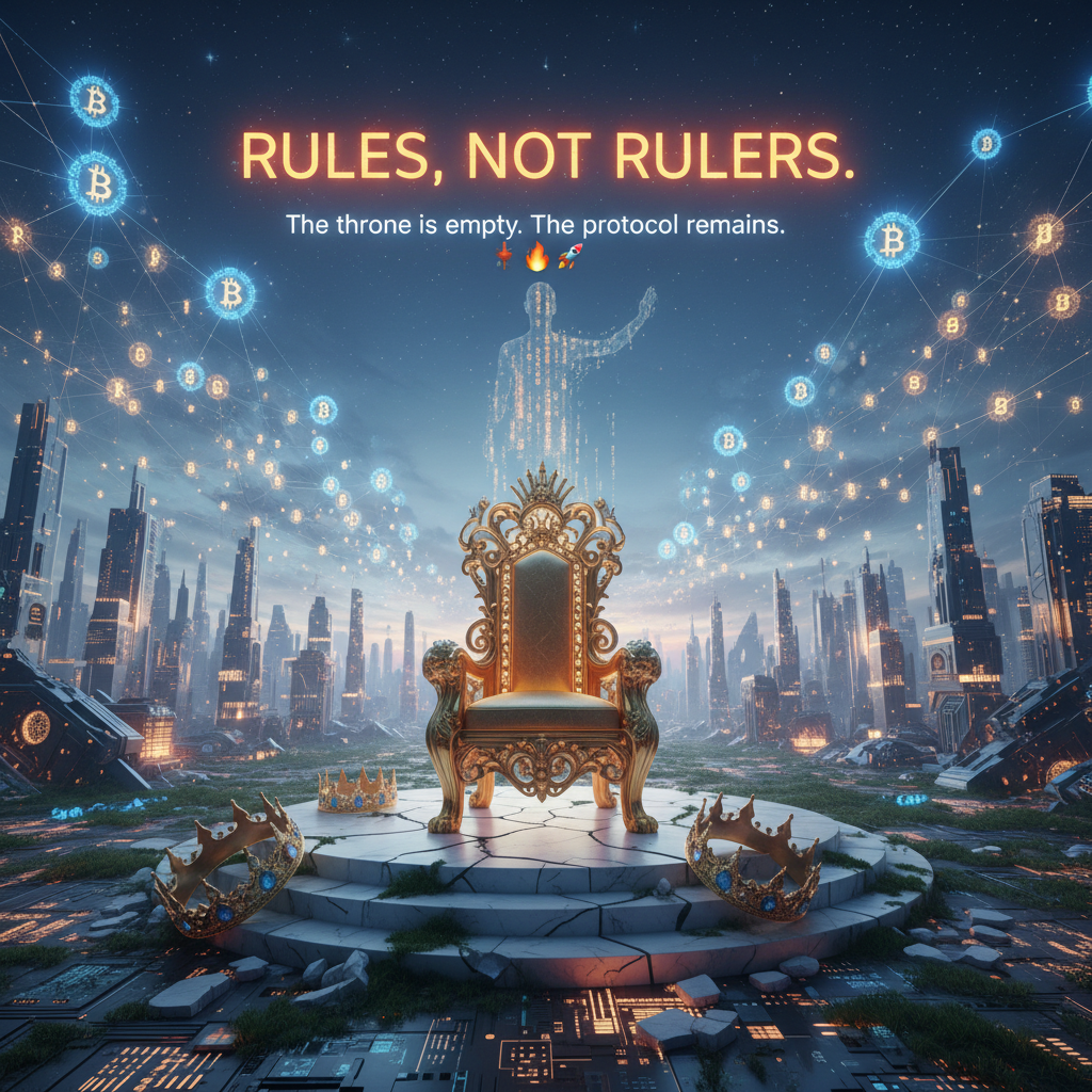 A massive golden throne stands empty at the center of a futuristic digital kingdom. Crowns lie aban…