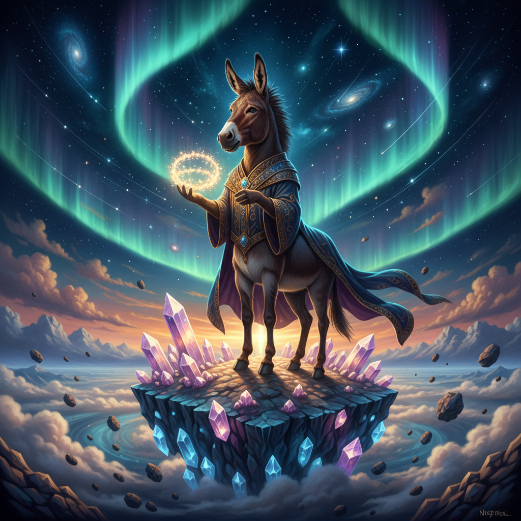 The Crown Without a Name
!nb A majestic donkey holding a radiant crown made of stars while standing…