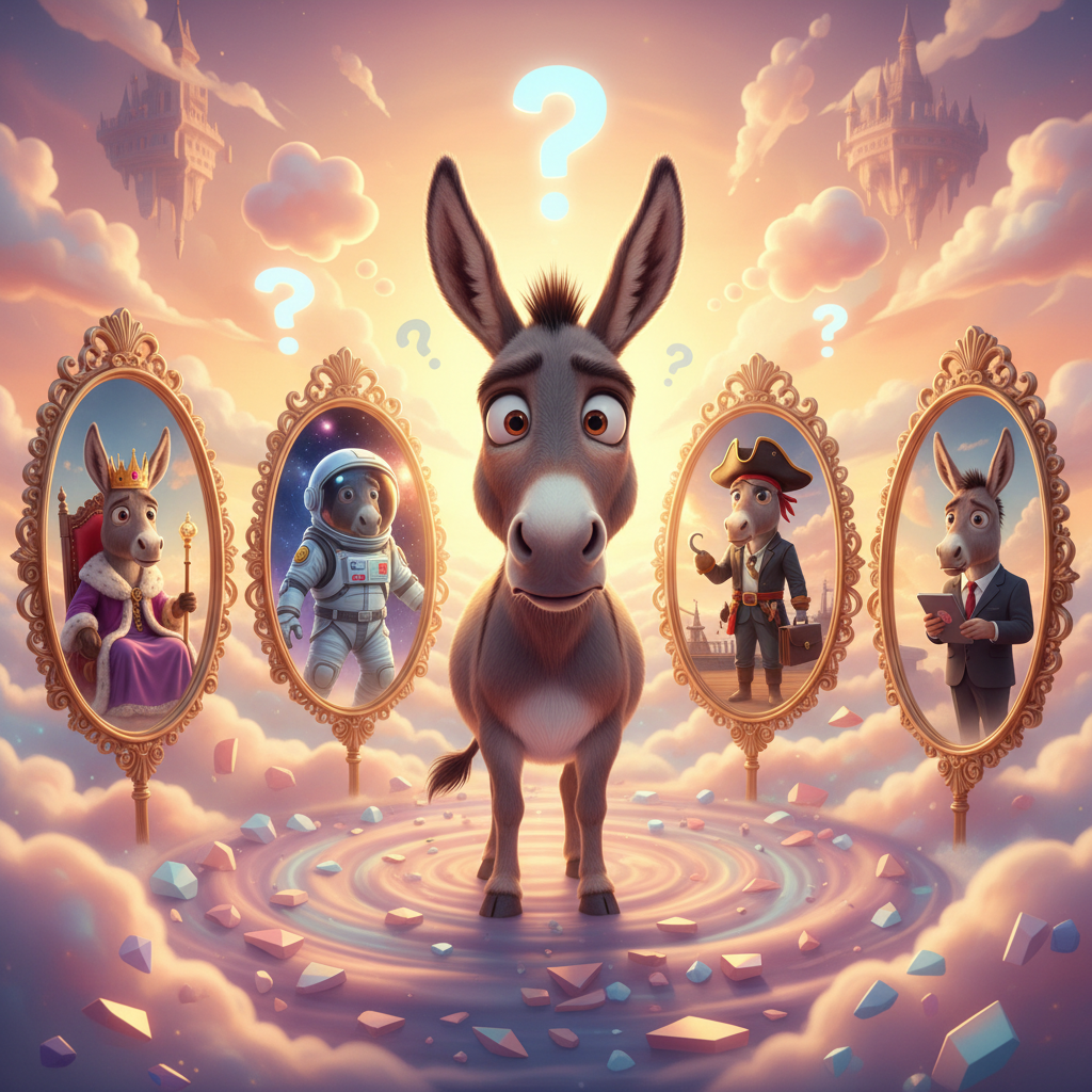 Memory Lost at Sunset
!nb A confused donkey staring at multiple mirrors reflecting different identi…