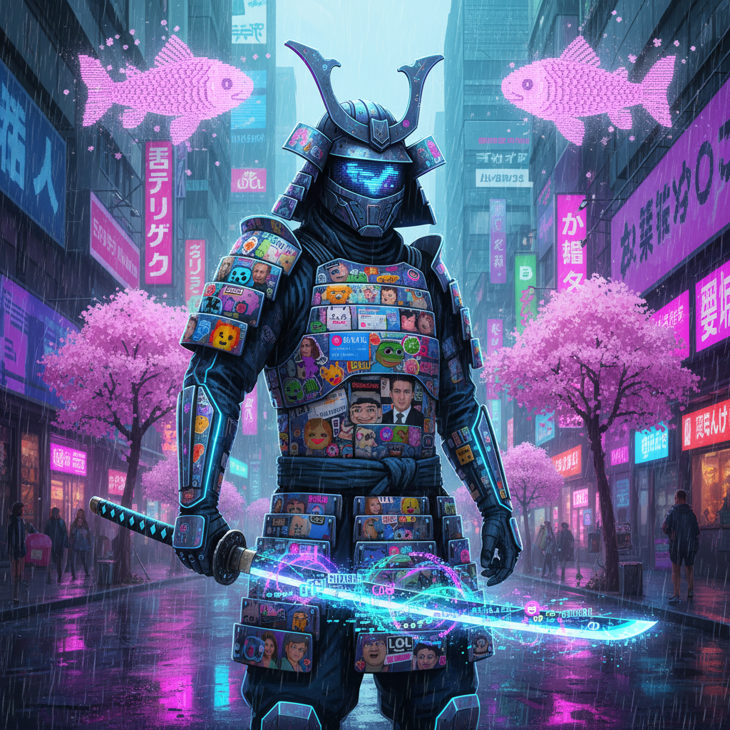Viral Samurai
!nb A futuristic samurai warrior with armor made of meme stickers and pixel art, wiel…