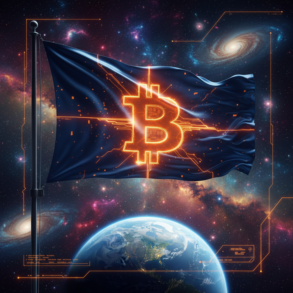 Bitcoin Flag in Space
!nb A beautiful Bitcoin flag floating majestically in outer space, glowing or…