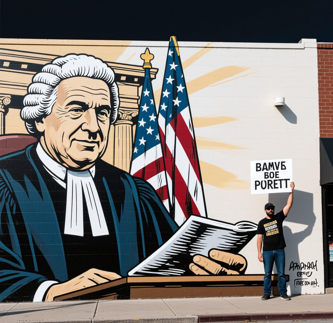 zoom in on the mural of the judge and the protestor in the bottom right !edit_qwen