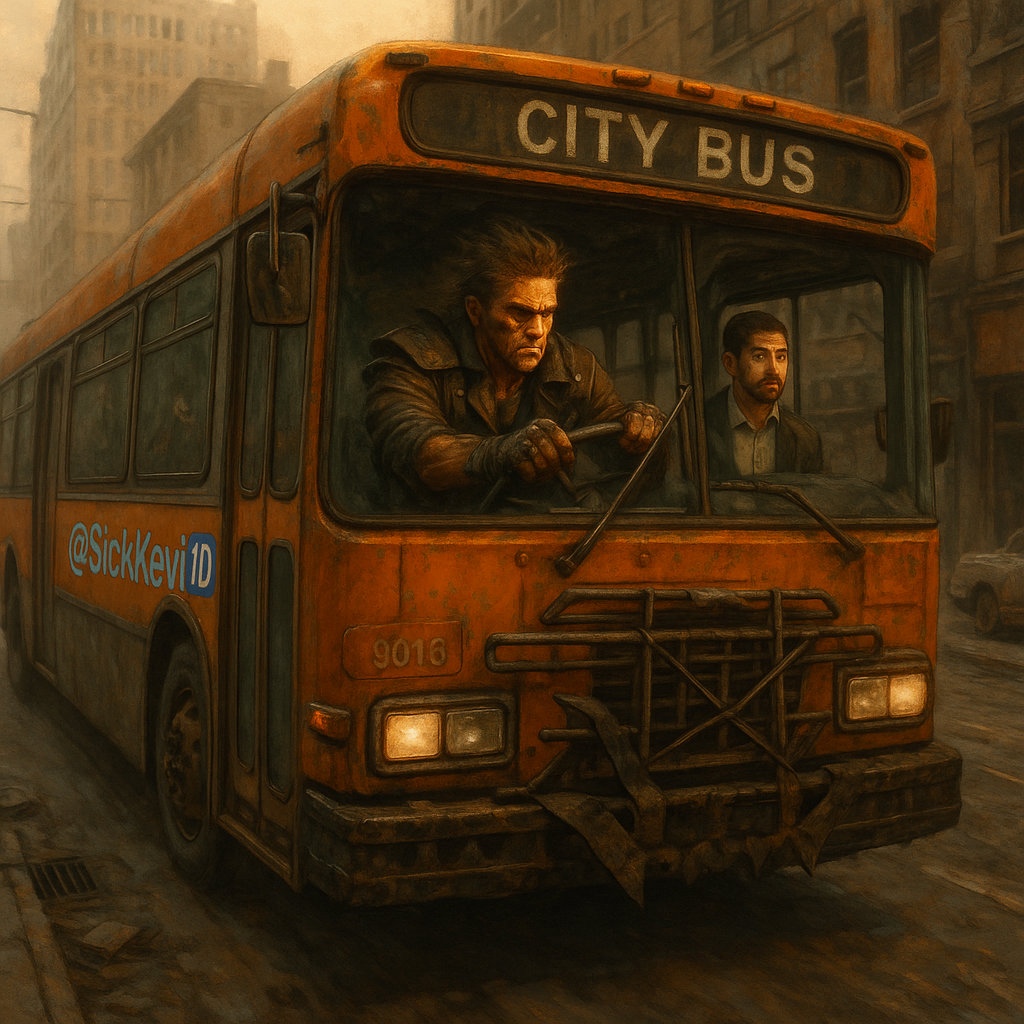 !gpt4o Mad Max driving the city bus through the streets to deliver @SickKevi 🆔 home from work