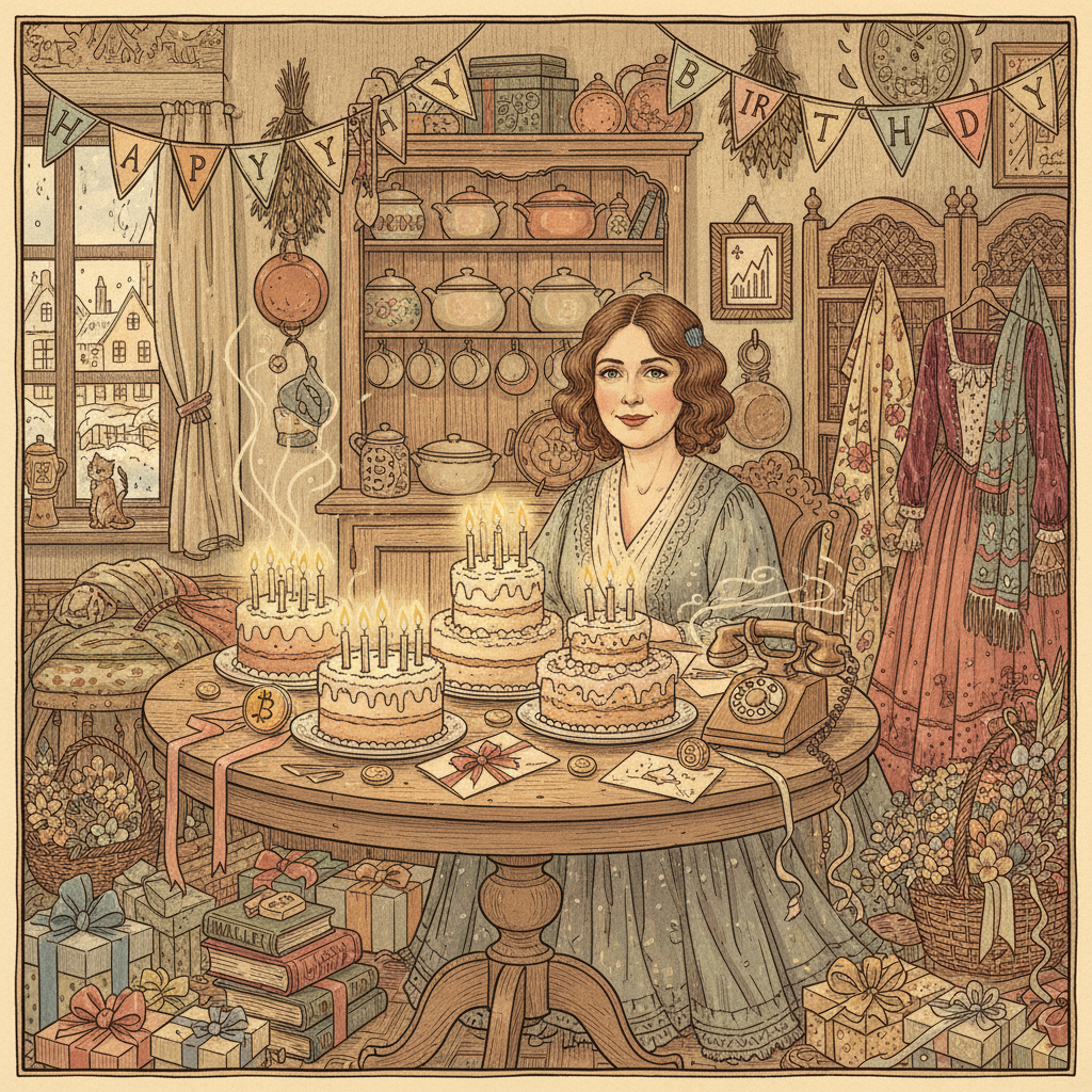 !nb Create a whimsical, richly detailed birthday illustration in the style of Anton Pieck: nostalgi…