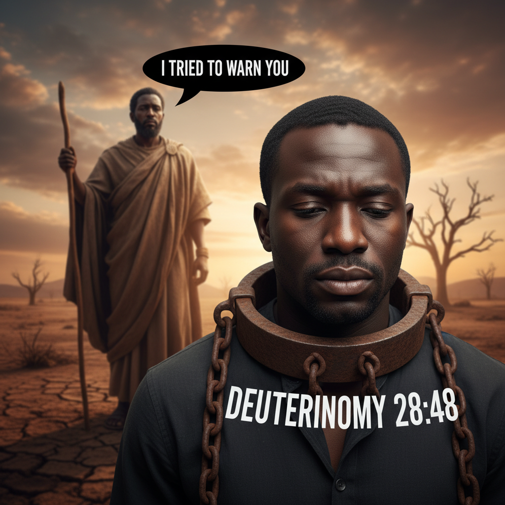 !nb black slave with a yoke of iron on his neck with the words and numbers Deuteronomy 28:48 in whi…