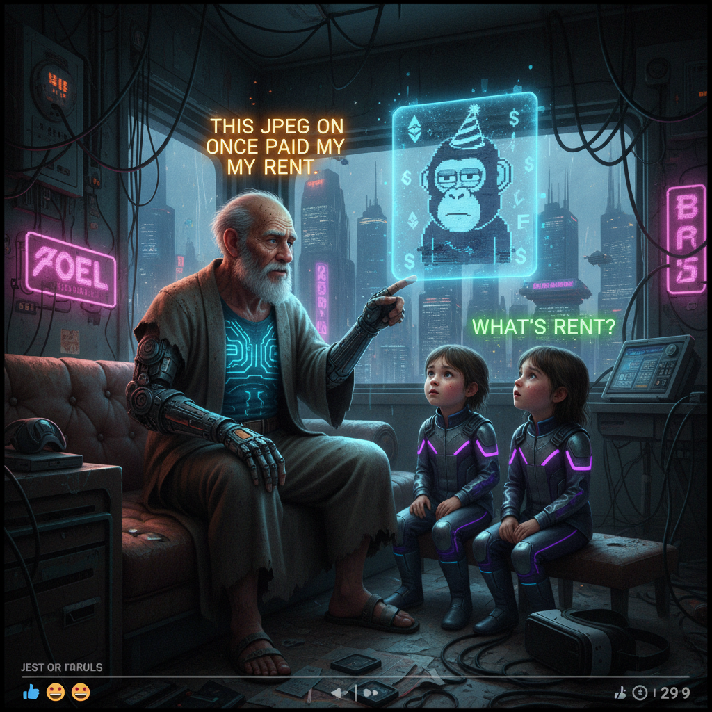 !nb “NFTs in 2050”
Old grandfather showing grandchildren a dusty ape NFT hologram:
“This JPEG once …