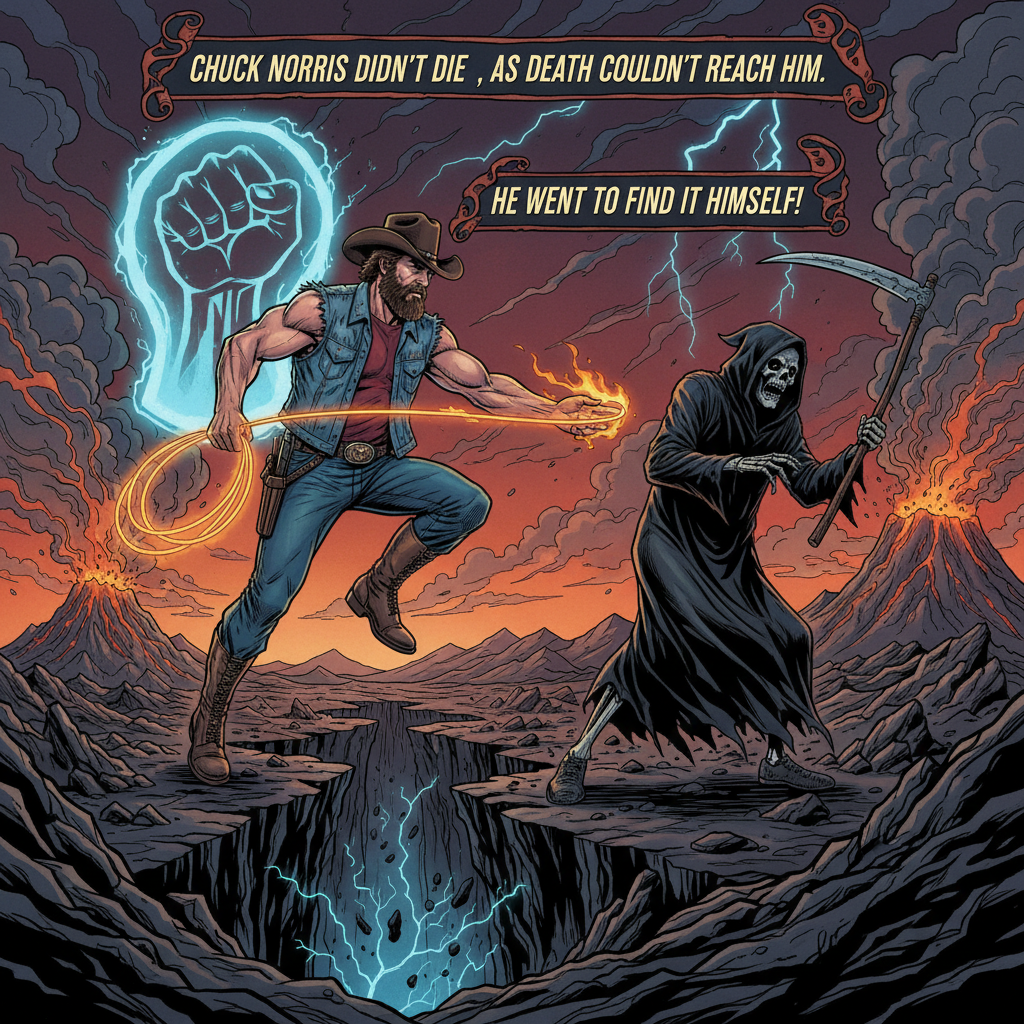 !nb Chuck Norris didn't die, as death couldn't reach him, he went to find it himself!