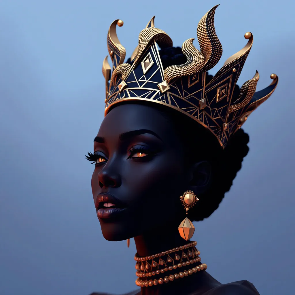 !flux11 A regal Black Queen, in 3D pixel, wearing a geometric crown fused with tribal patterns in s…