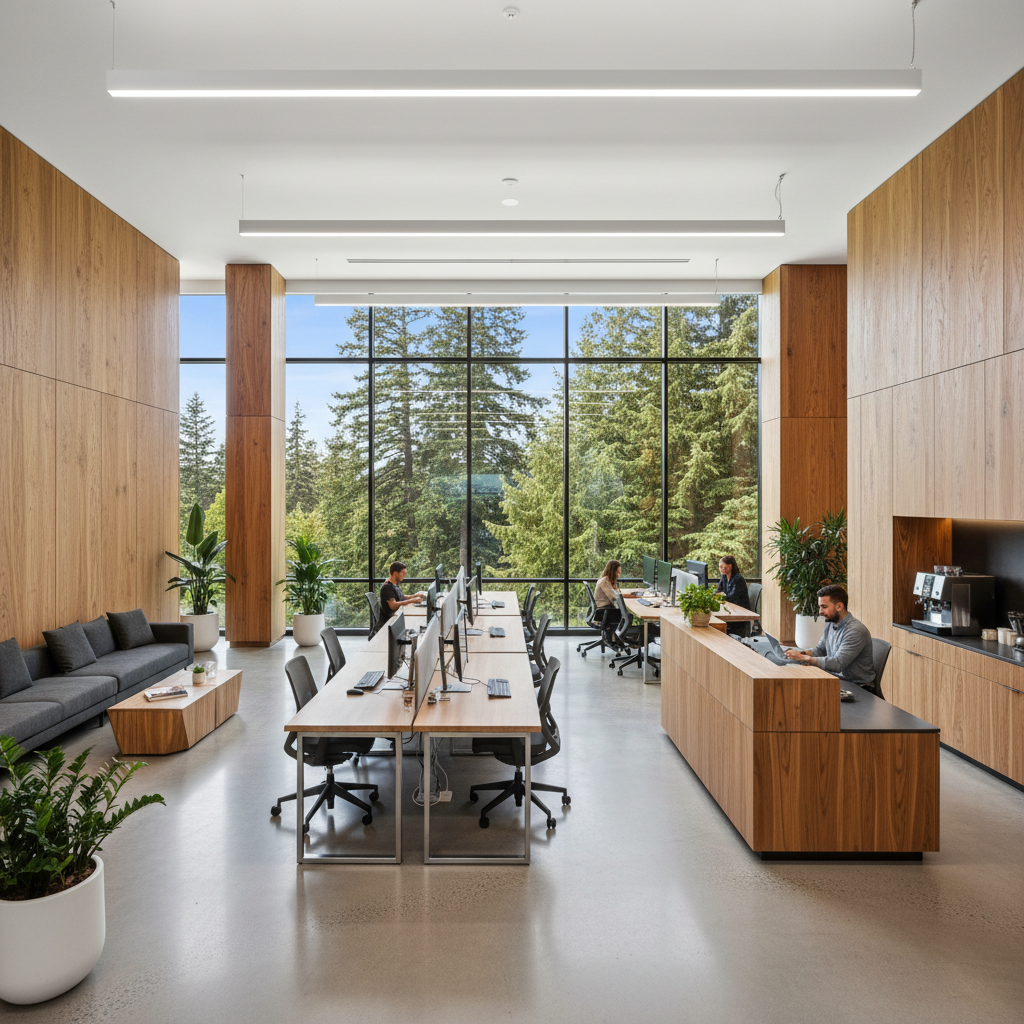 !nb modern office space with open layout, trees outside the window, cedar wood finishings inside