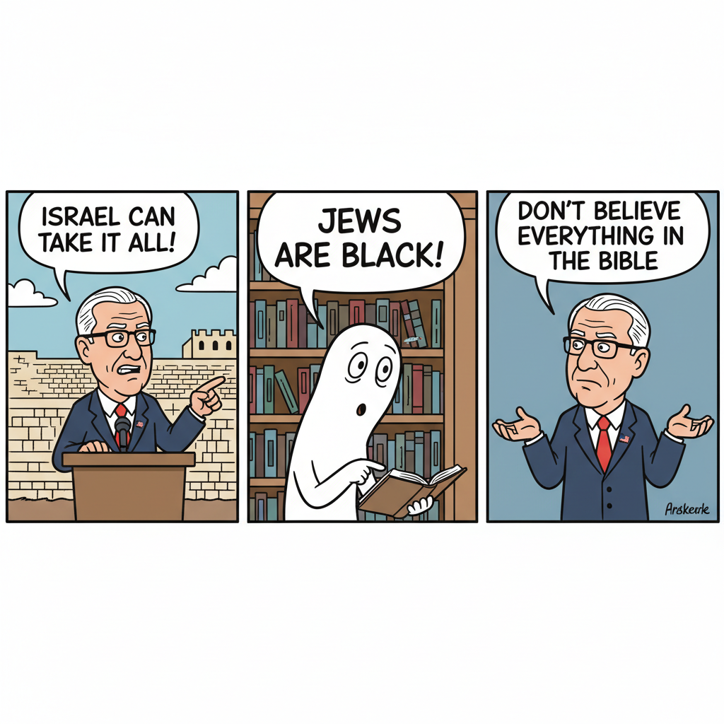 !nb 3 stage cartoon of us ambassador mike huckabee saying “Israel can take it all!” Next scene some…