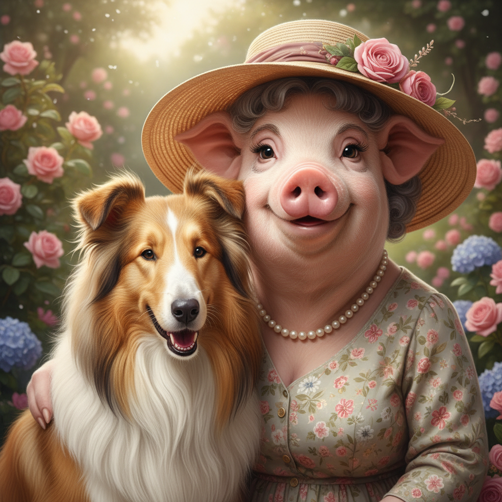 It is close but the face needs to be like a lady pig and her dog is a collie. !nb