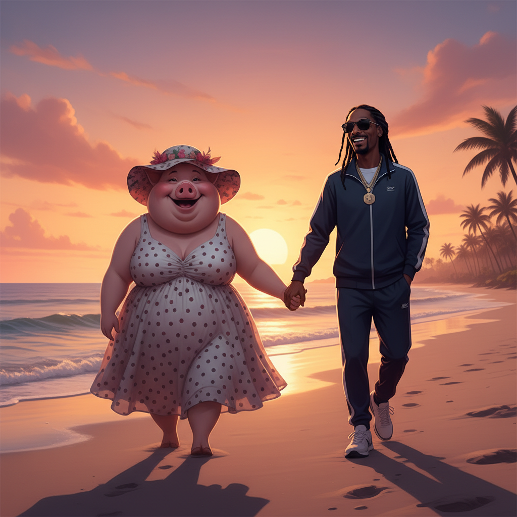 Miss Big Pig and Snoop Dog hold hands and walk the beach towards the sunrise.  !nb