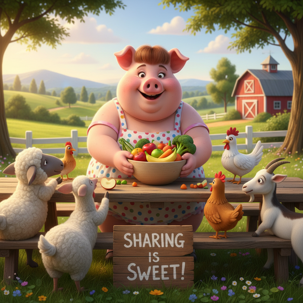 Miss Big Pig is learning to share her food with others. !nb
