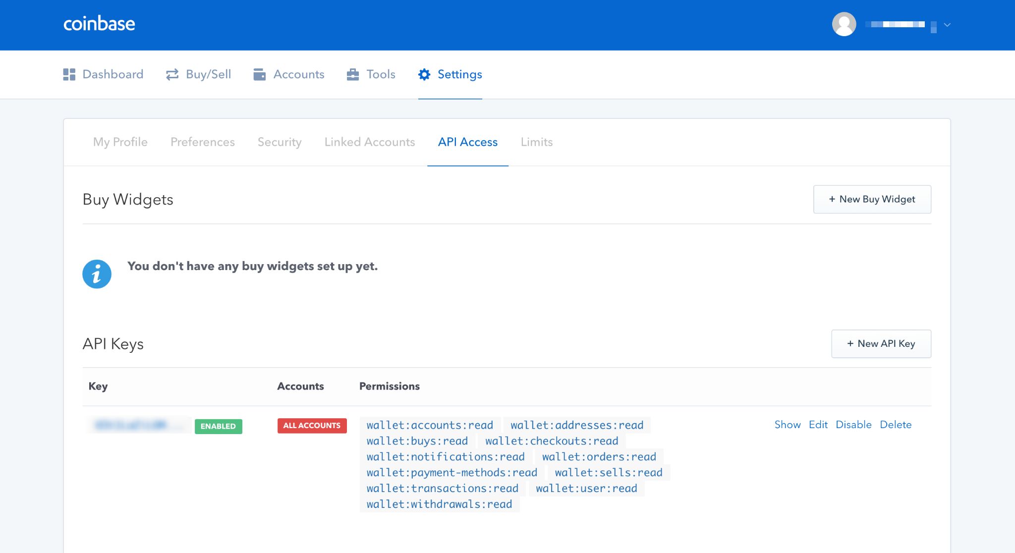 While on Settings page, select "API Access" tab