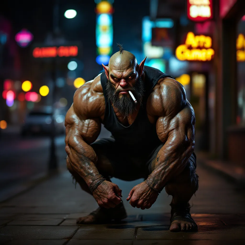 !flux Goblin gym bro looking pumped after arm day pump, doing a slav squat on the sidewalk of the g…