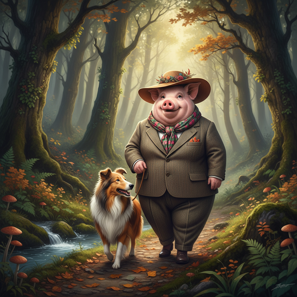 Miss Big Pig takes her collie for a walk in the forest. !nb