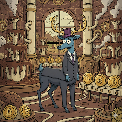 "Put him in a purple top hat and business suit and change the background to a whimsical bitcoin cho…