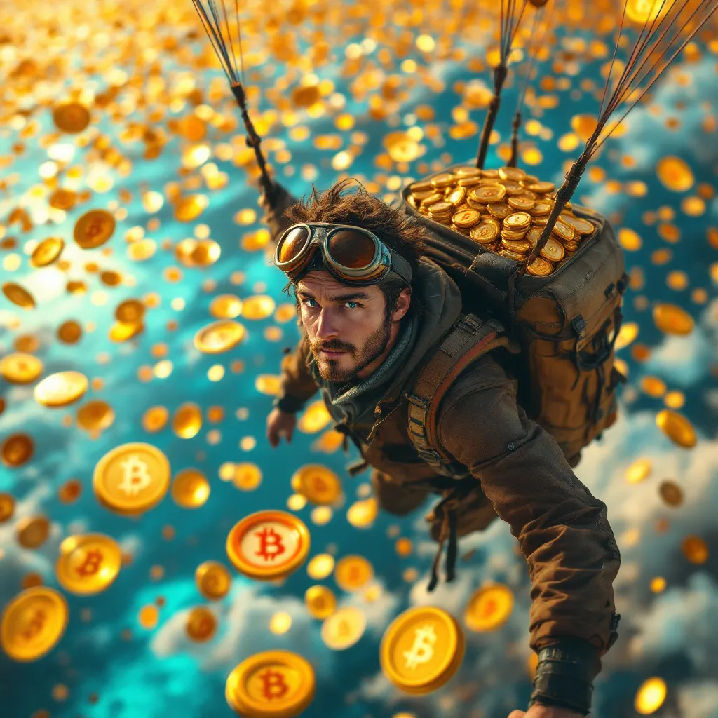 !flux11 Sporting aviator goggles and a backpack full of coins, flying over a soft ocean of floating…