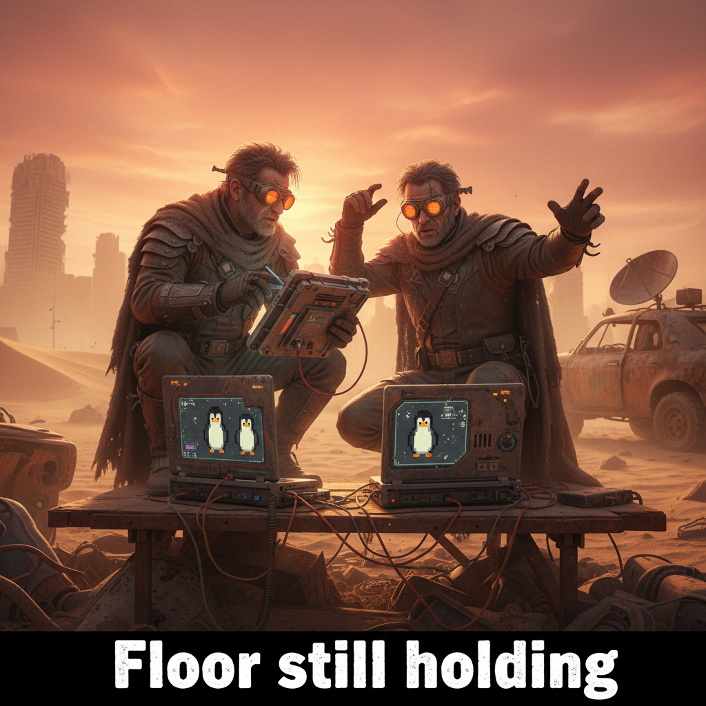 !nb “The Last Real NFT Degens”
Post-apocalyptic wasteland.
Two survivors trading pixel penguins usi…