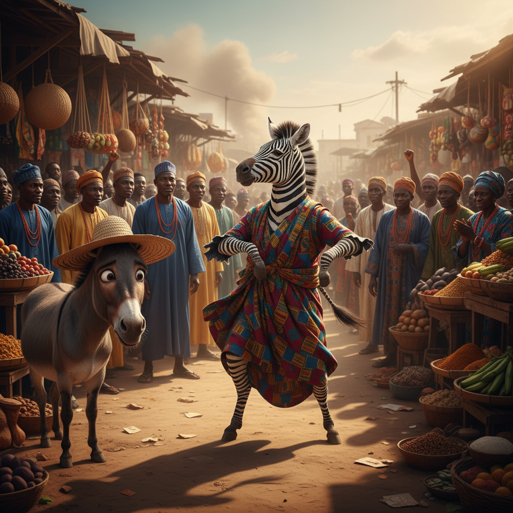 Mr Donkey and the Zebra of Kano”
A confused donkey arrives in Kano and encounters a local zebra doi…