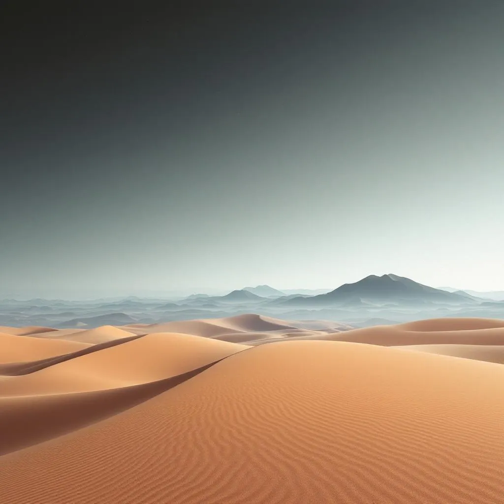 Minimalist Sahara horizon split seamlessly between raw sand texture and smooth digital surface, no …