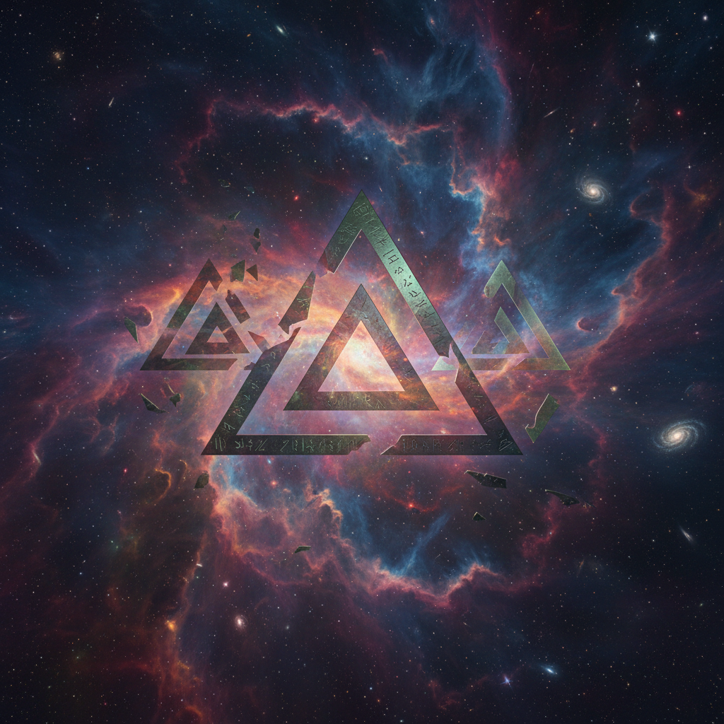 !nb Generate an image where there is a spectacular nebula in the cosmos and this triangle is floati…
