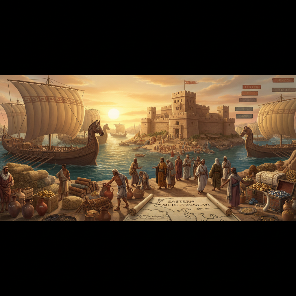 They exported olive oil, wine, textiles, timber, and fine pottery, importing raw metals like copper…
