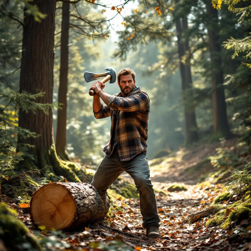 !flux forest, a man chopping woods with his axe