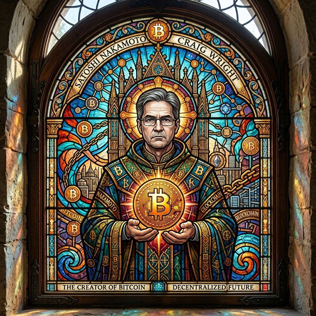!nb Beautiful Bitcoin stained glass art with craig wright holding bitcoinin palm