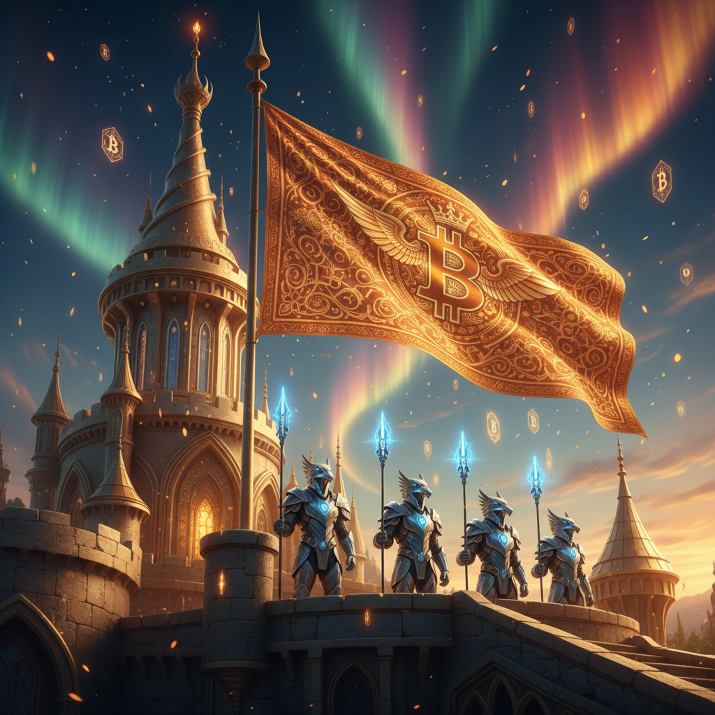 Royal Bitcoin Kingdom Banner
!nb A luxurious royal Bitcoin flag hanging from a magnificent golden c…