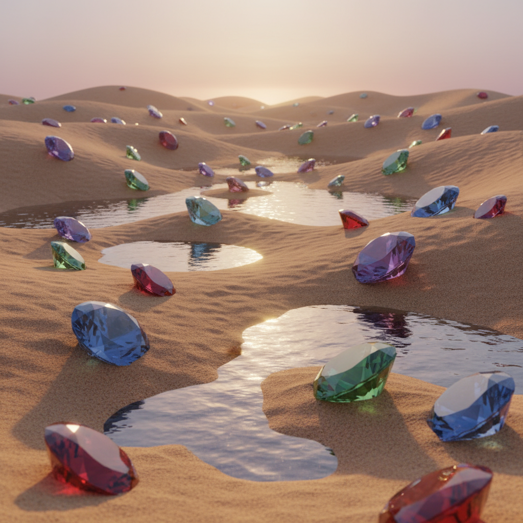 Diamond Mirage:
Sparkling diamonds fading into sand, reflective surfaces, soft cinematic glow, surr…