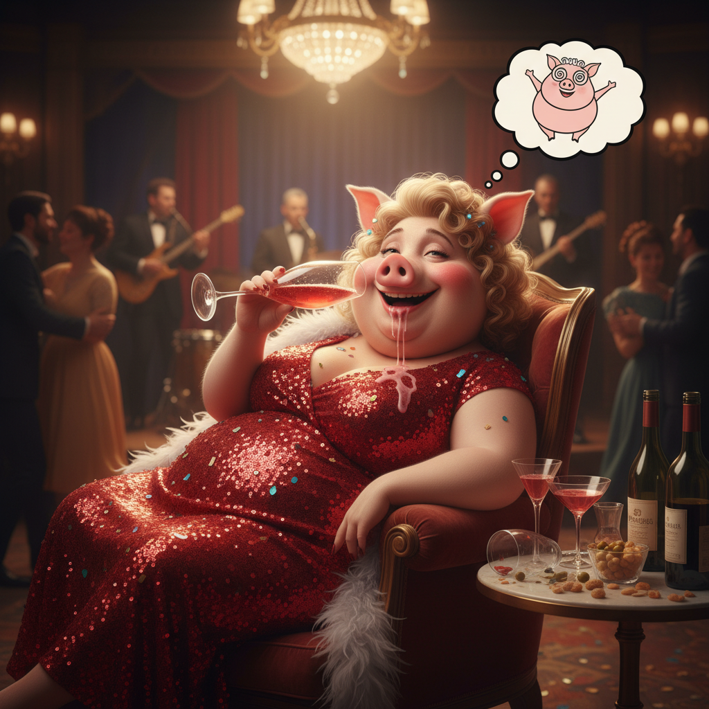 Miss Big Pig drinks a bit to enjoy herself, she doesn't try to get drunk it just happens. !nb