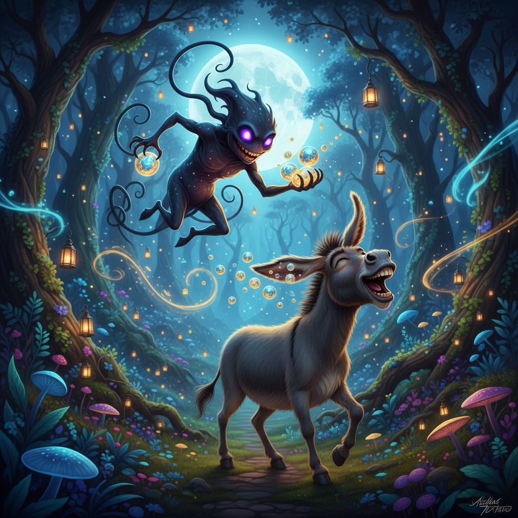 Donkey and the Memory Thief
!nb A mischievous shadow creature stealing glowing memory orbs from a l…